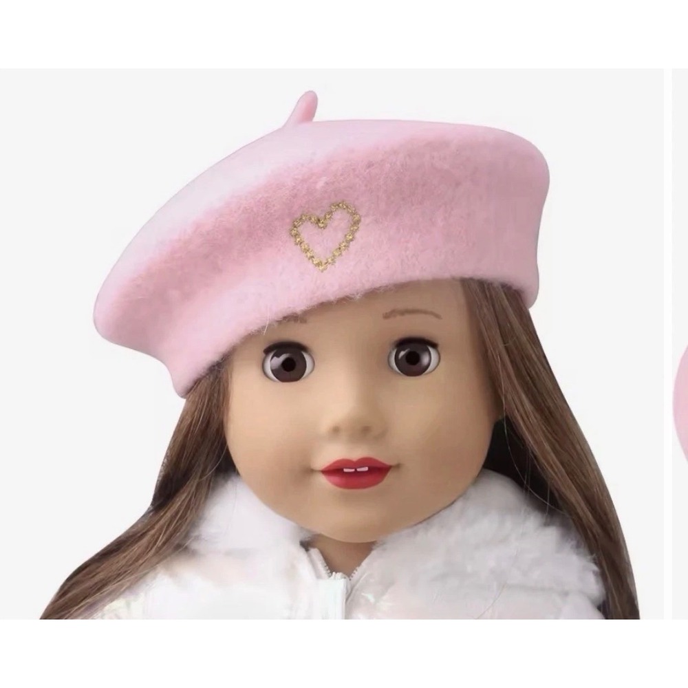 American Girl Grace Pink Wool Blend Beret Hat Gold Glitter Heart France